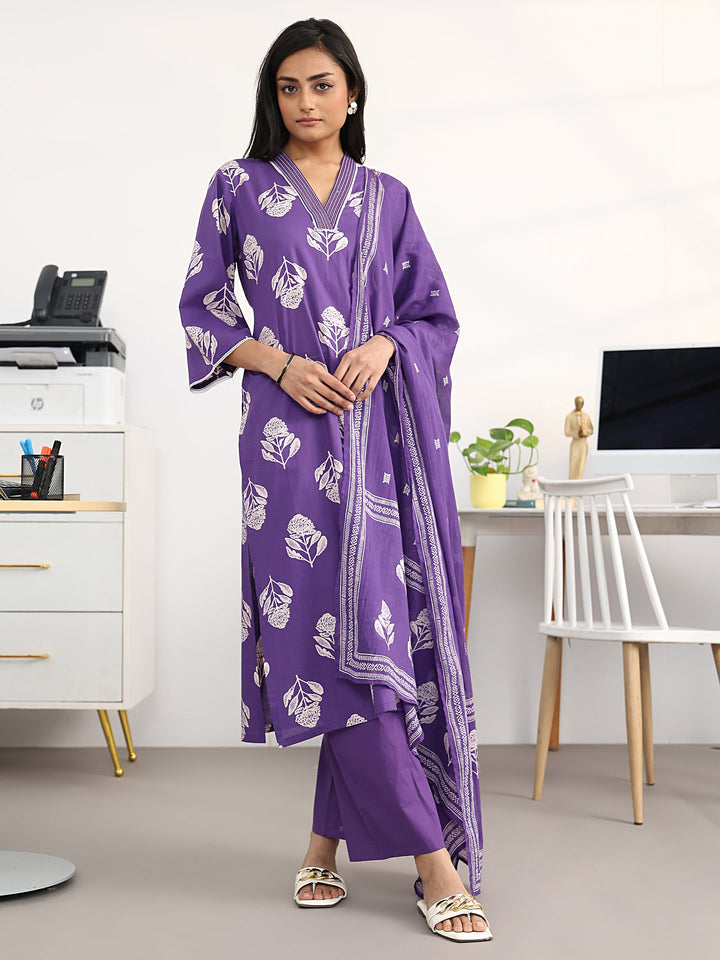 Purple Floral Printed Cotton Blend Straight Suit Set With Dupatta