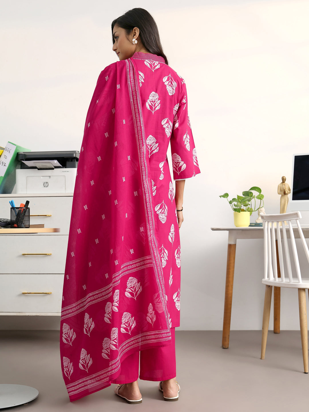 Pink Floral Printed Cotton Blend Straight Suit Set With Dupatta