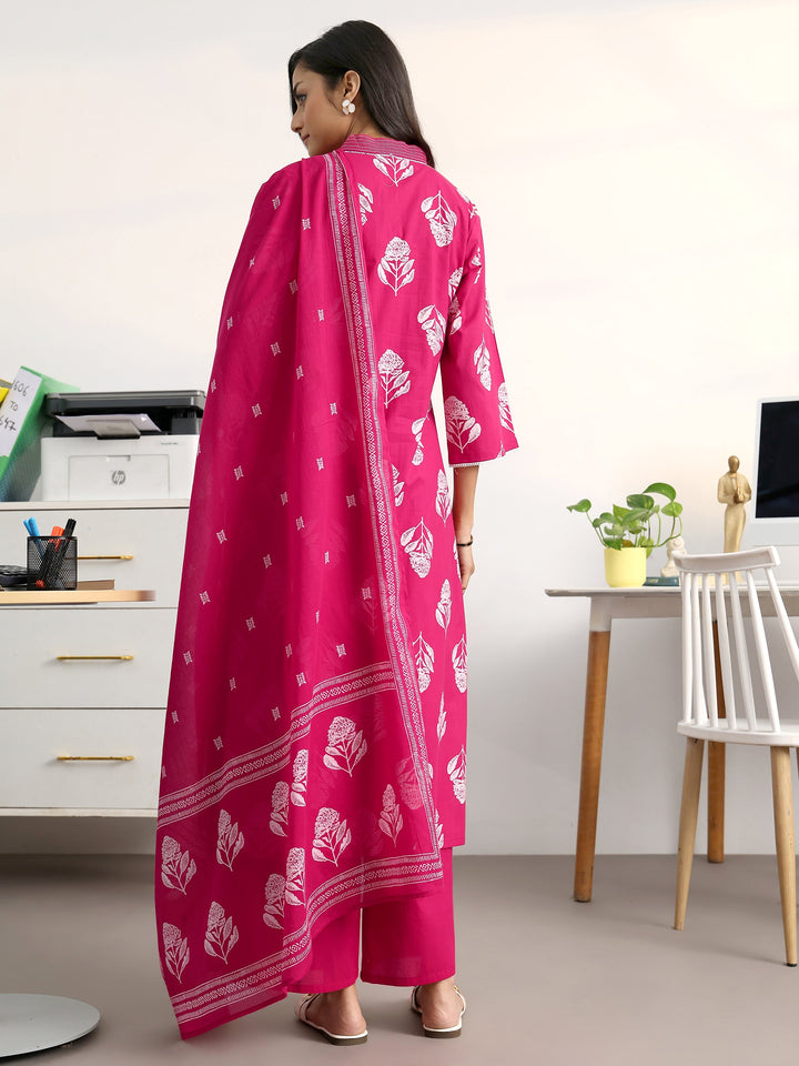 Pink Floral Printed Cotton Blend Straight Suit Set With Dupatta