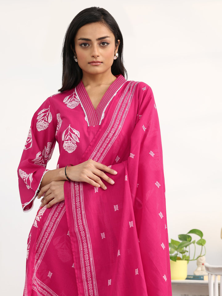 Pink Floral Printed Cotton Blend Straight Suit Set With Dupatta