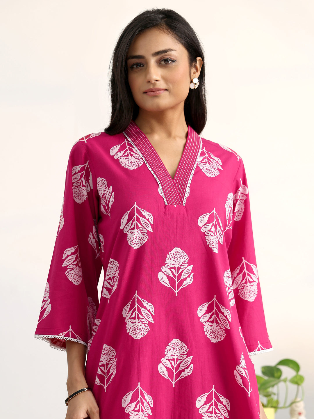 Pink Floral Printed Cotton Blend Straight Suit Set With Dupatta