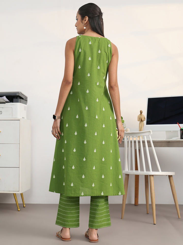 Green Floral Woven Design Cotton Blend A-Line Kurta Set