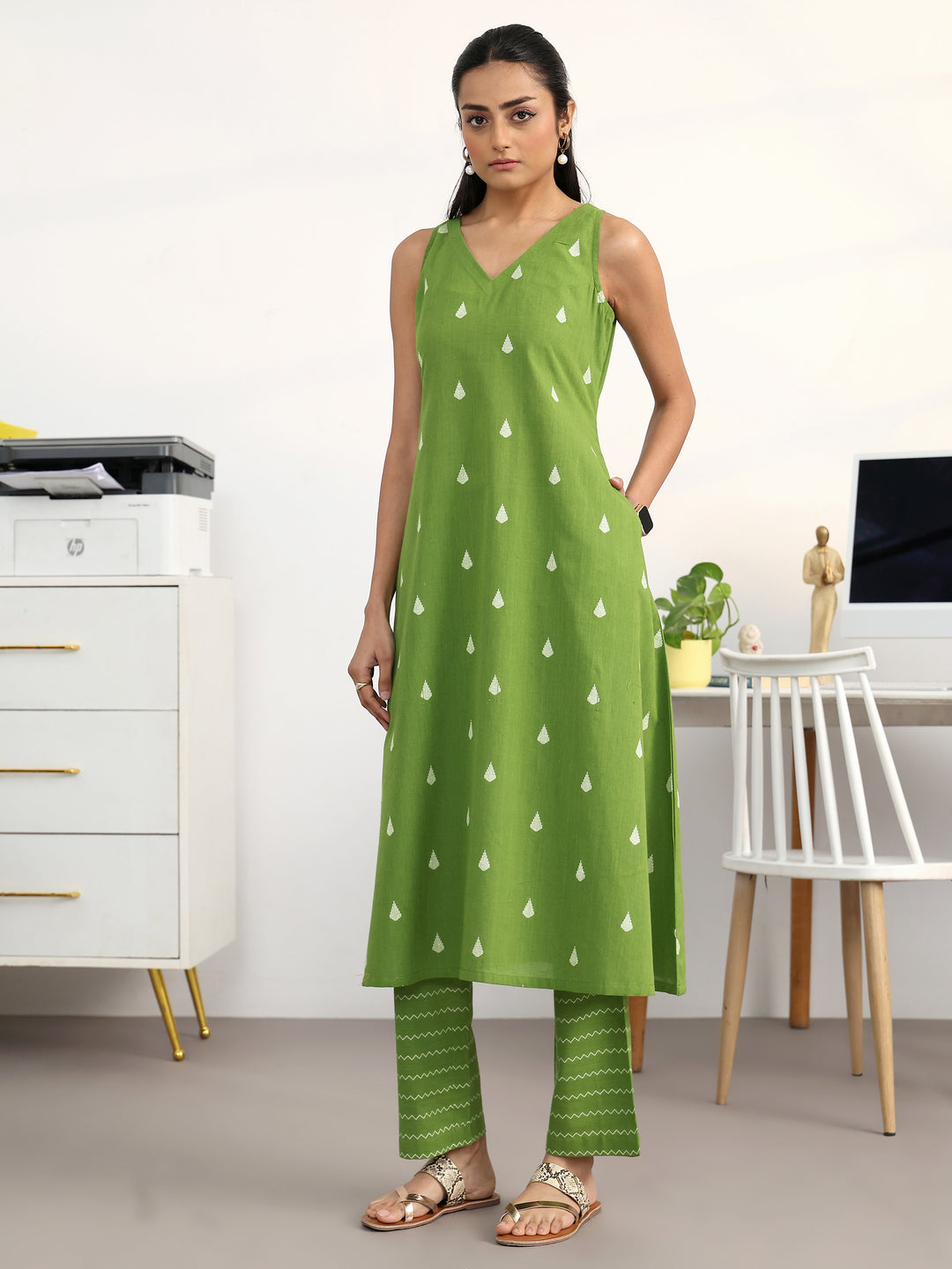 Green Floral Woven Design Cotton Blend A-Line Kurta Set