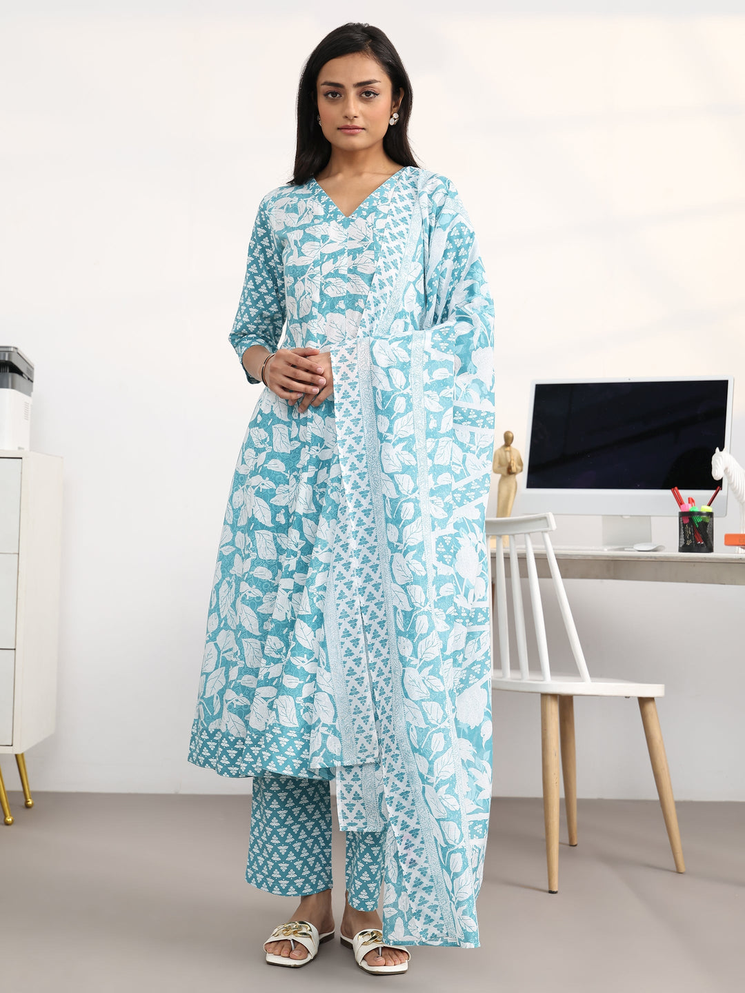 Blue Floral Printed Cotton Blend Anarkali Suit Set With Dupatta