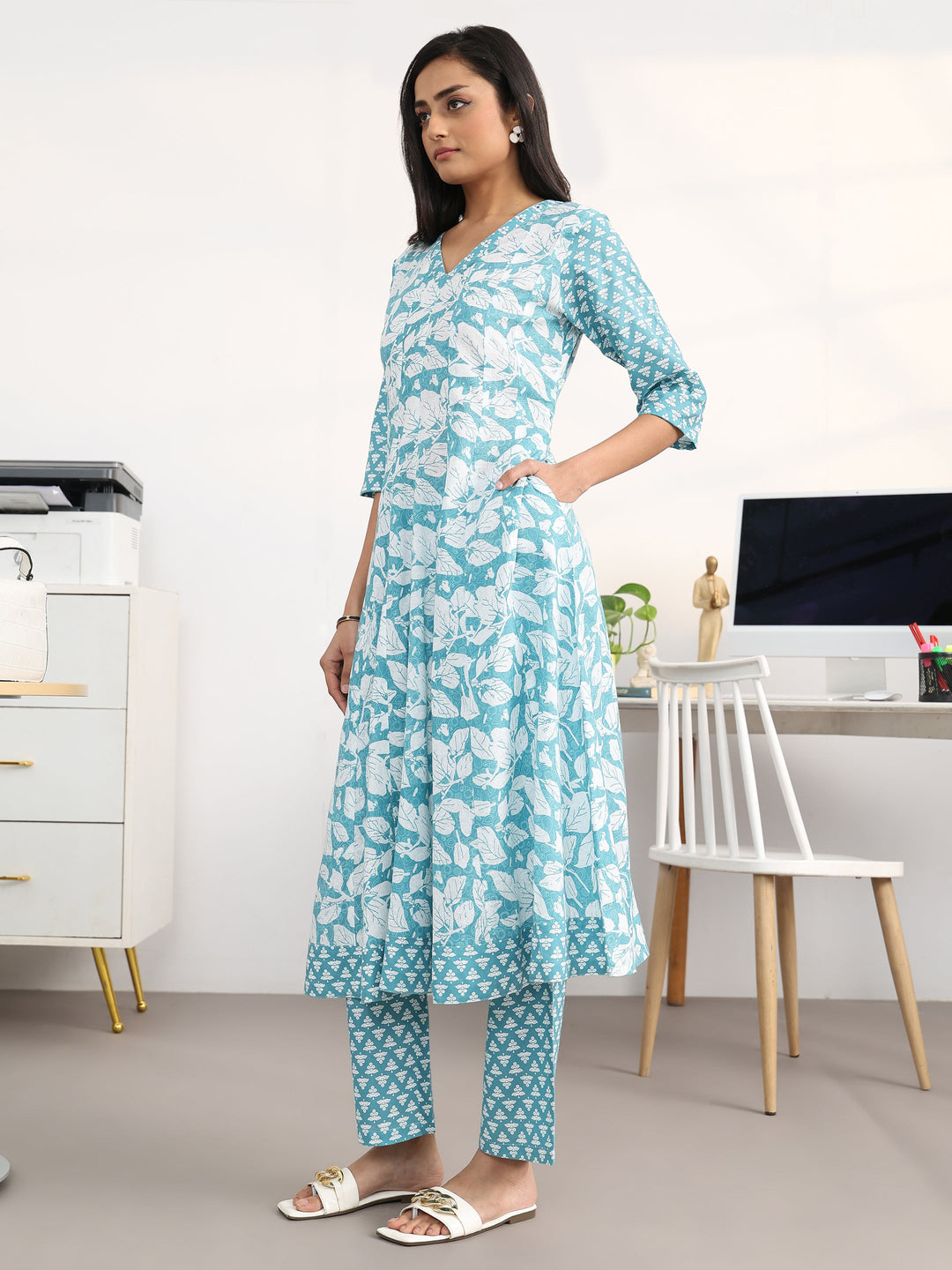 Blue Floral Printed Cotton Blend Anarkali Suit Set With Dupatta