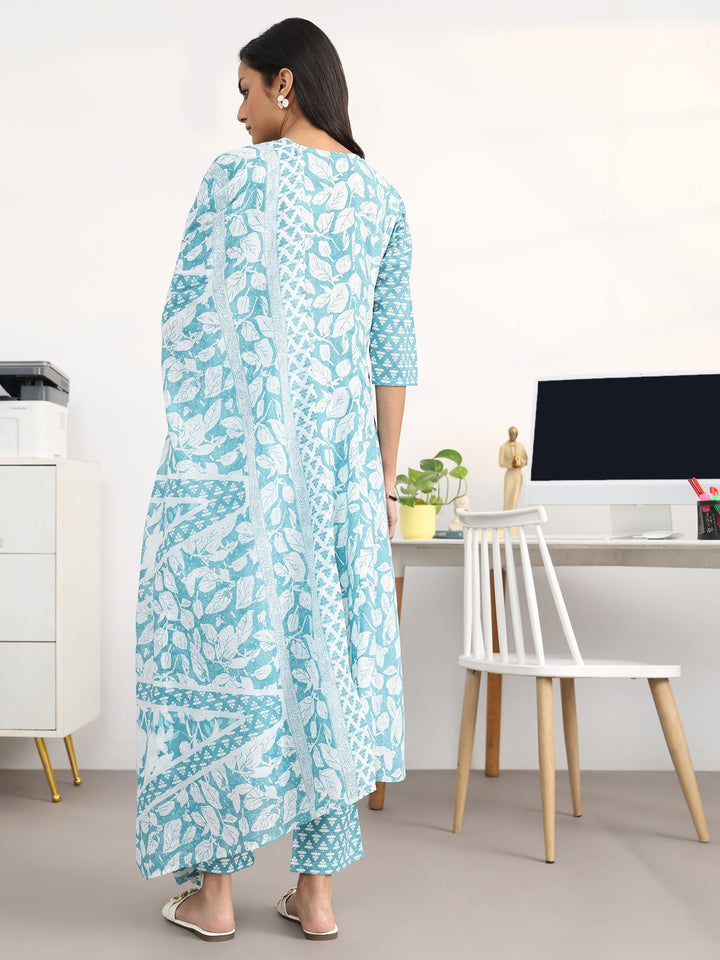 Blue Floral Printed Cotton Blend Anarkali Suit Set With Dupatta