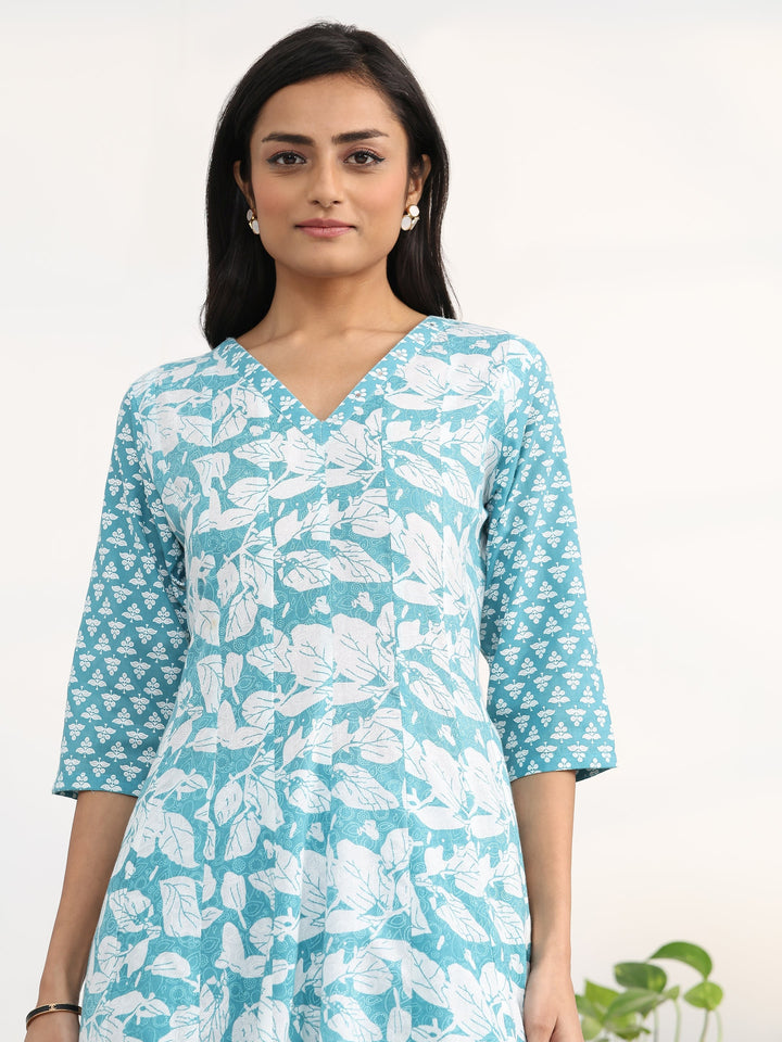 Blue Floral Printed Cotton Blend Anarkali Suit Set With Dupatta
