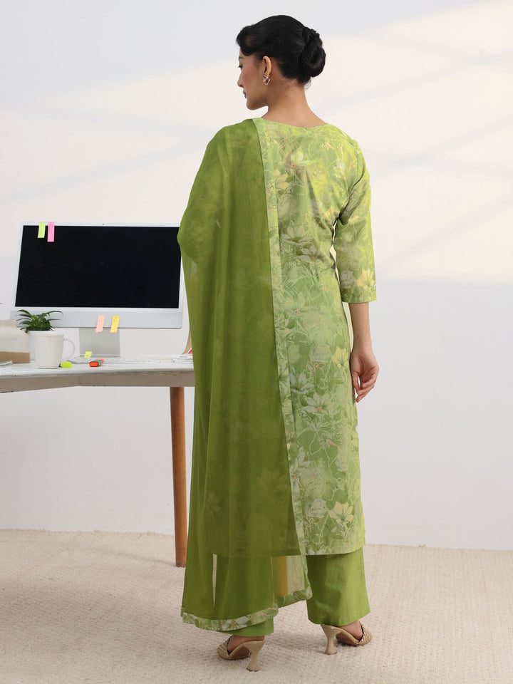 Green Floral Printed Cotton Blend Straight Suit Set With Dupatta