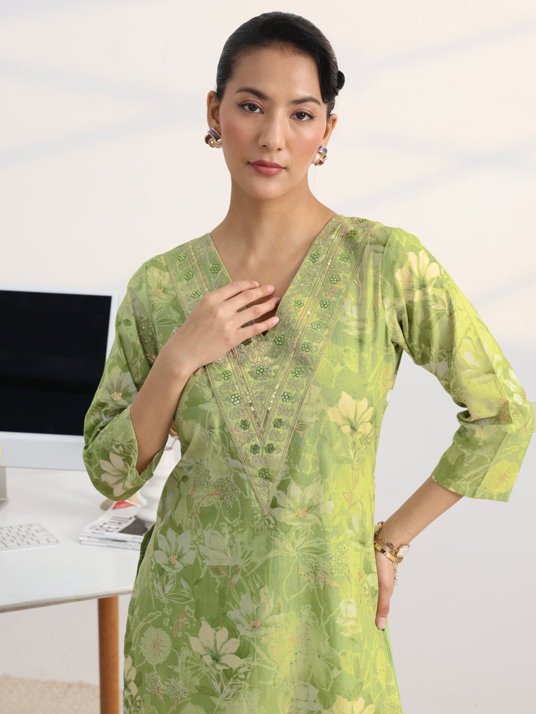 Green Floral Printed Cotton Blend Straight Suit Set With Dupatta