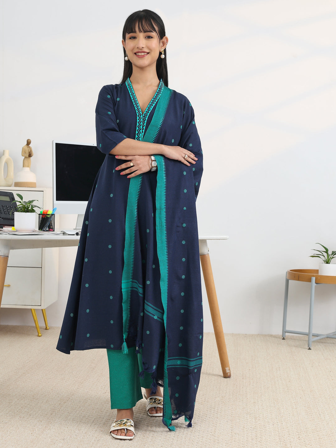 Blue Woven Design Cotton Blend A-Line Suit Set With Dupatta