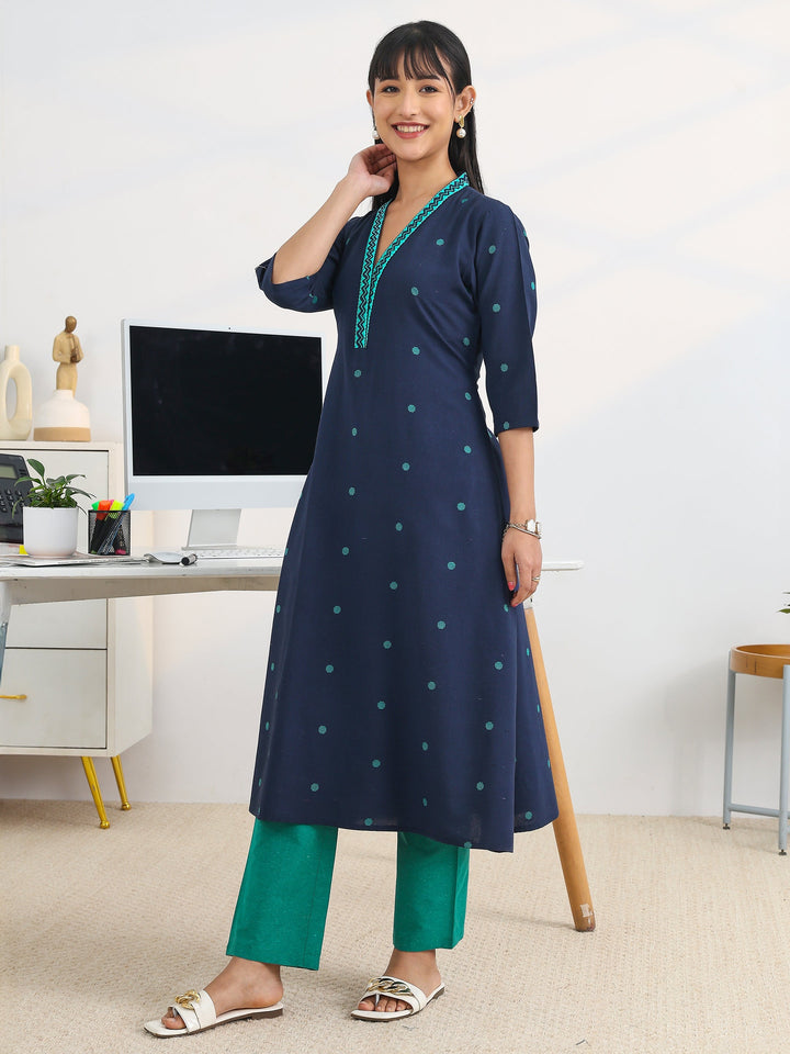 Blue Woven Design Cotton Blend A-Line Suit Set With Dupatta