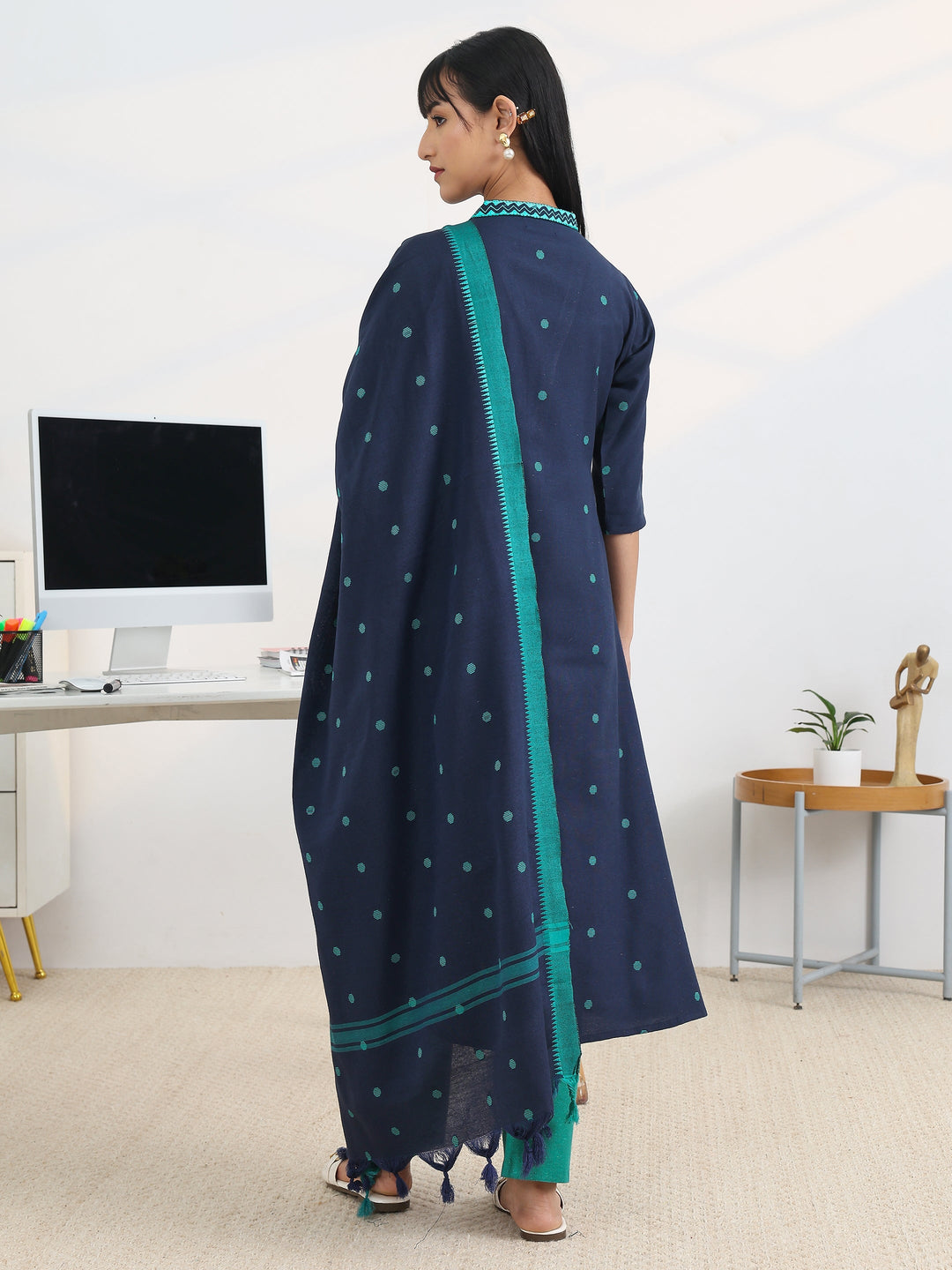 Blue Woven Design Cotton Blend A-Line Suit Set With Dupatta