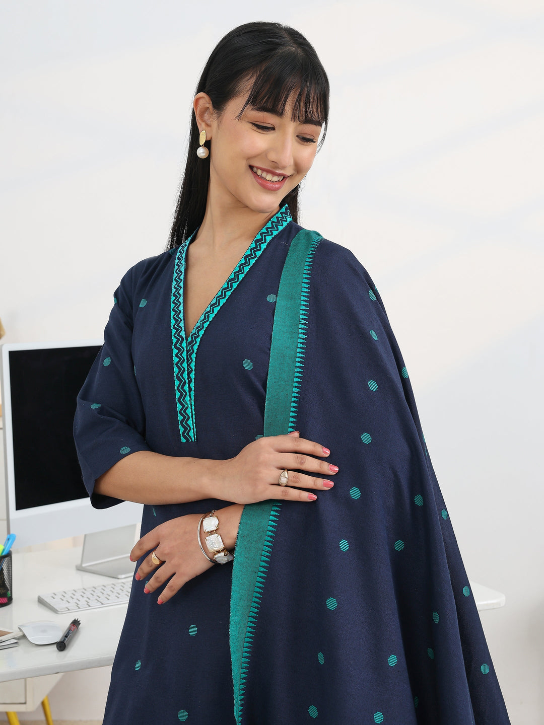 Blue Woven Design Cotton Blend A-Line Suit Set With Dupatta