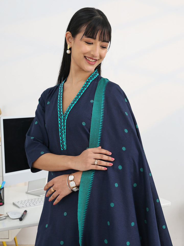 Blue Woven Design Cotton Blend A-Line Suit Set With Dupatta