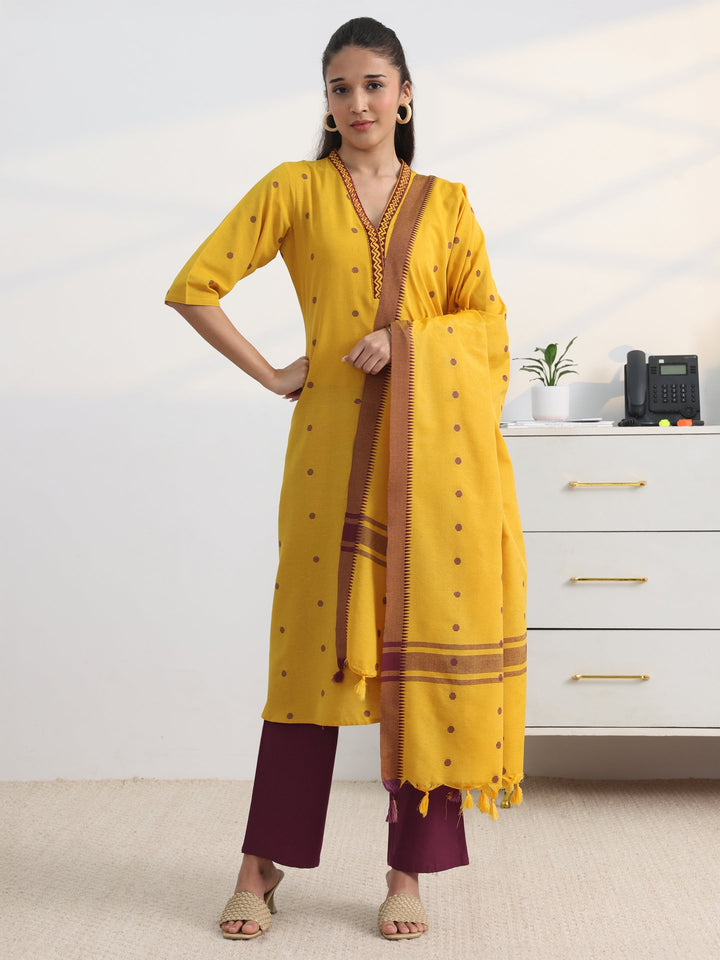 Yellow Geometric Woven Design Cotton Blend A-Line Suit Set With Dupatta