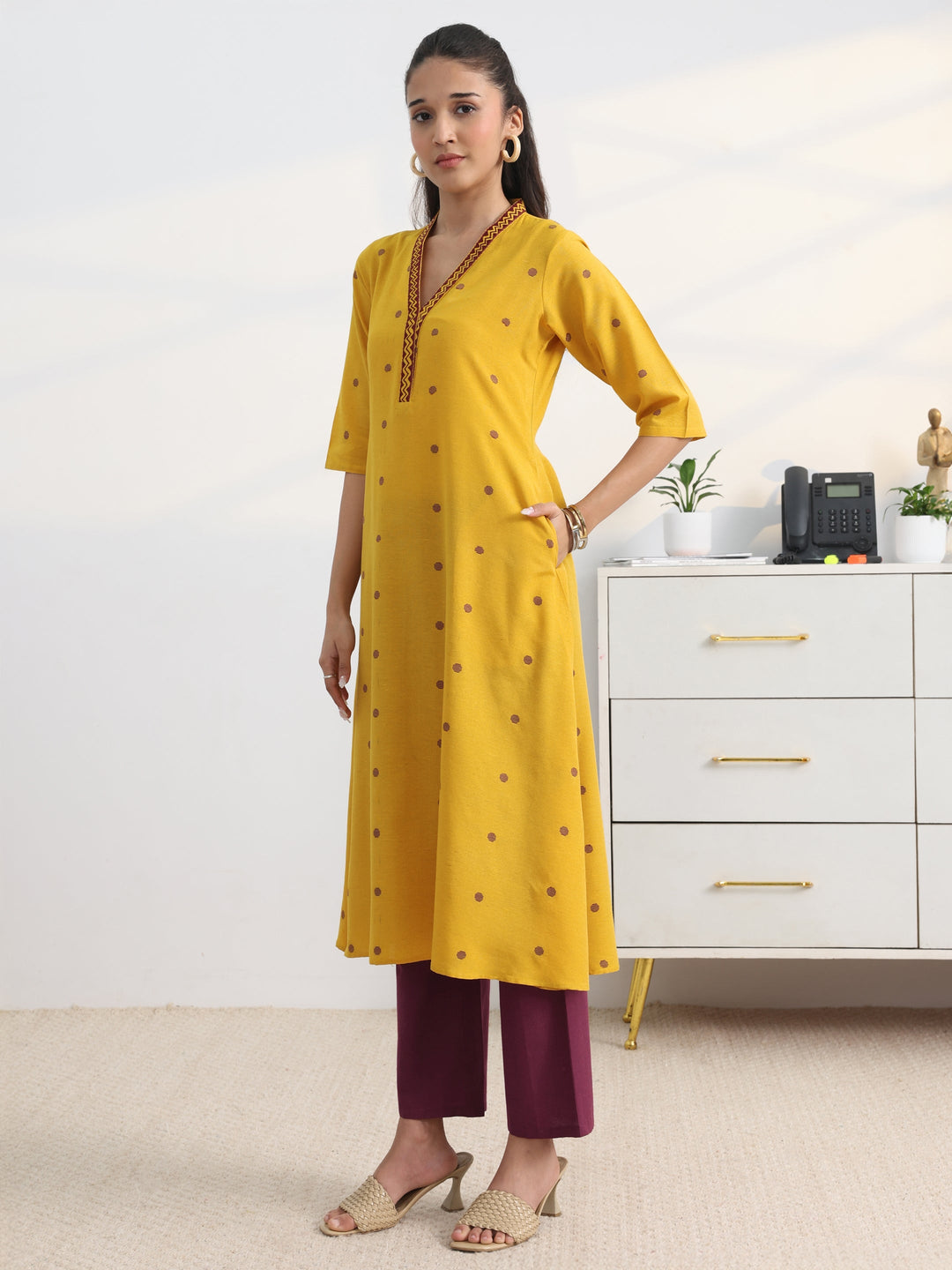 Yellow Geometric Woven Design Cotton Blend A-Line Suit Set With Dupatta