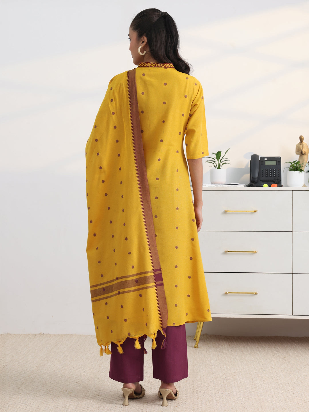 Yellow Geometric Woven Design Cotton Blend A-Line Suit Set With Dupatta