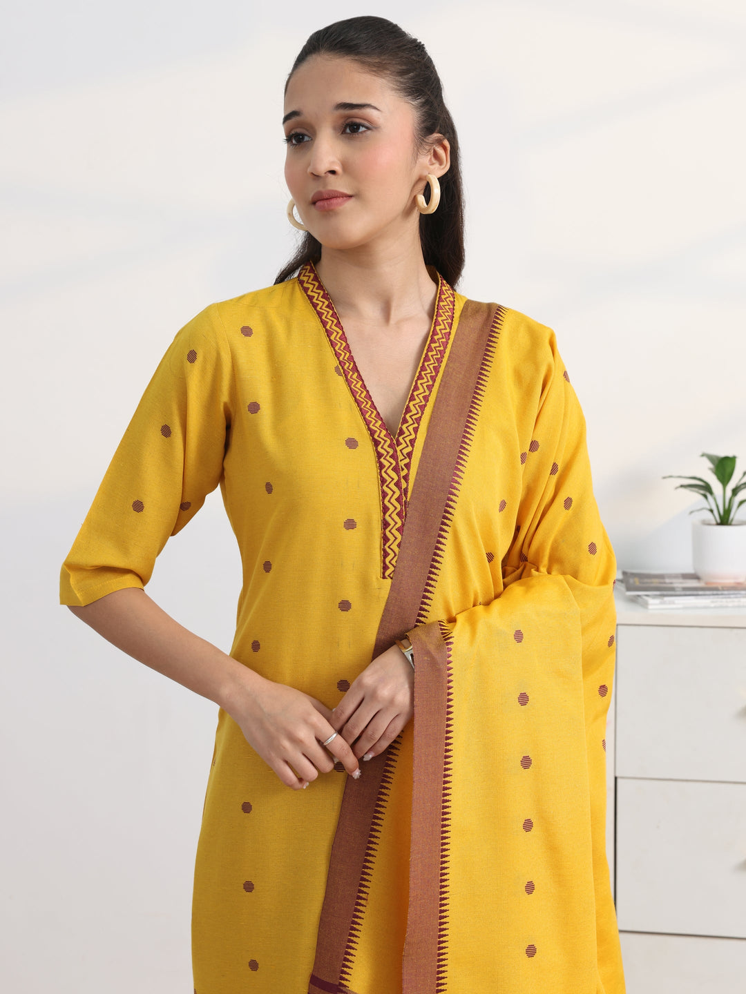 Yellow Geometric Woven Design Cotton Blend A-Line Suit Set With Dupatta