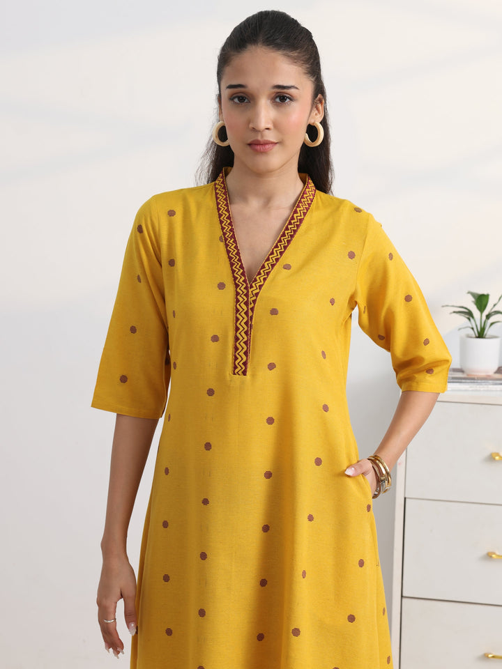 Yellow Geometric Woven Design Cotton Blend A-Line Suit Set With Dupatta