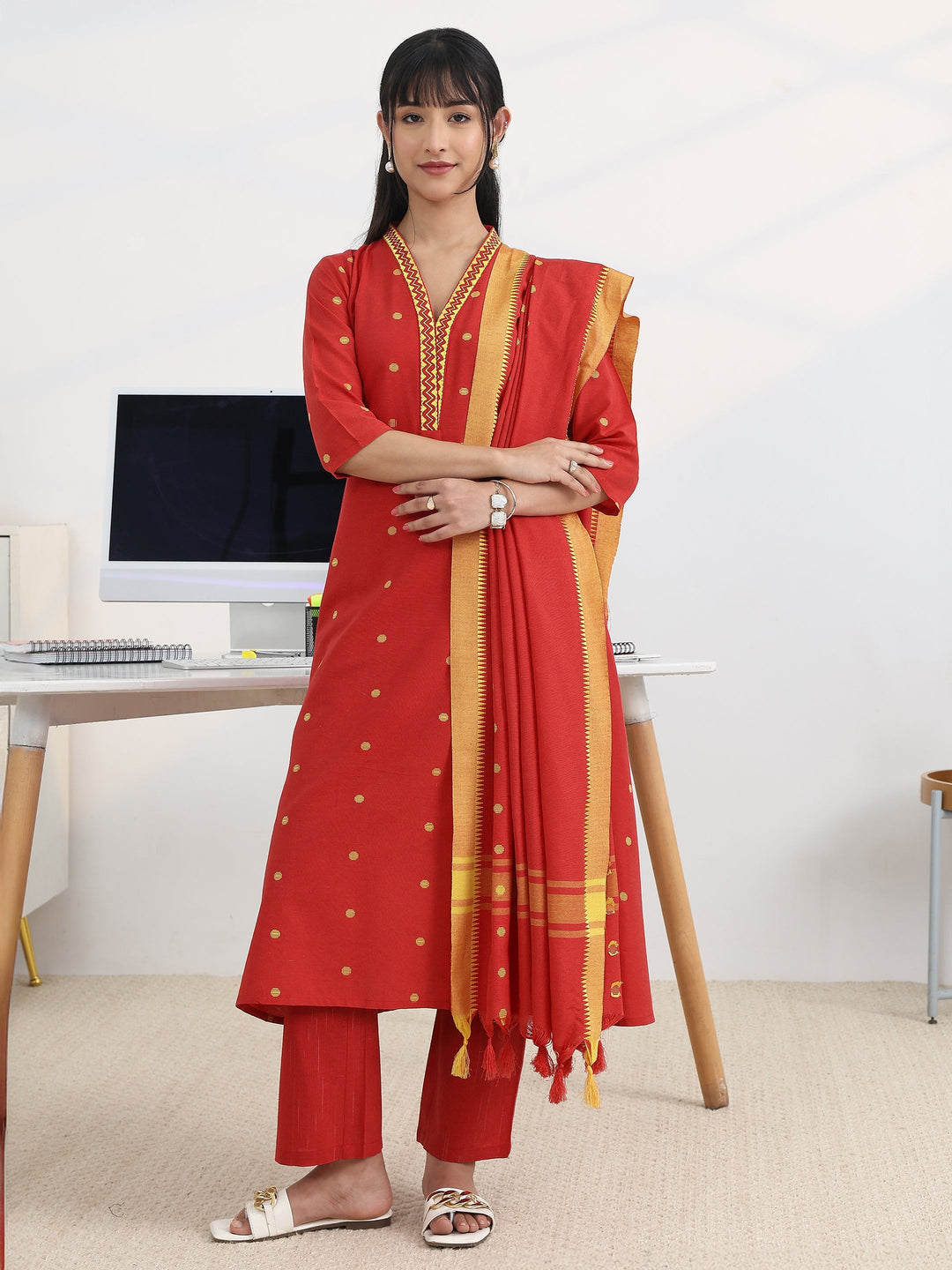 Red Woven Design Cotton Blend A-Line Suit Set With Dupatta