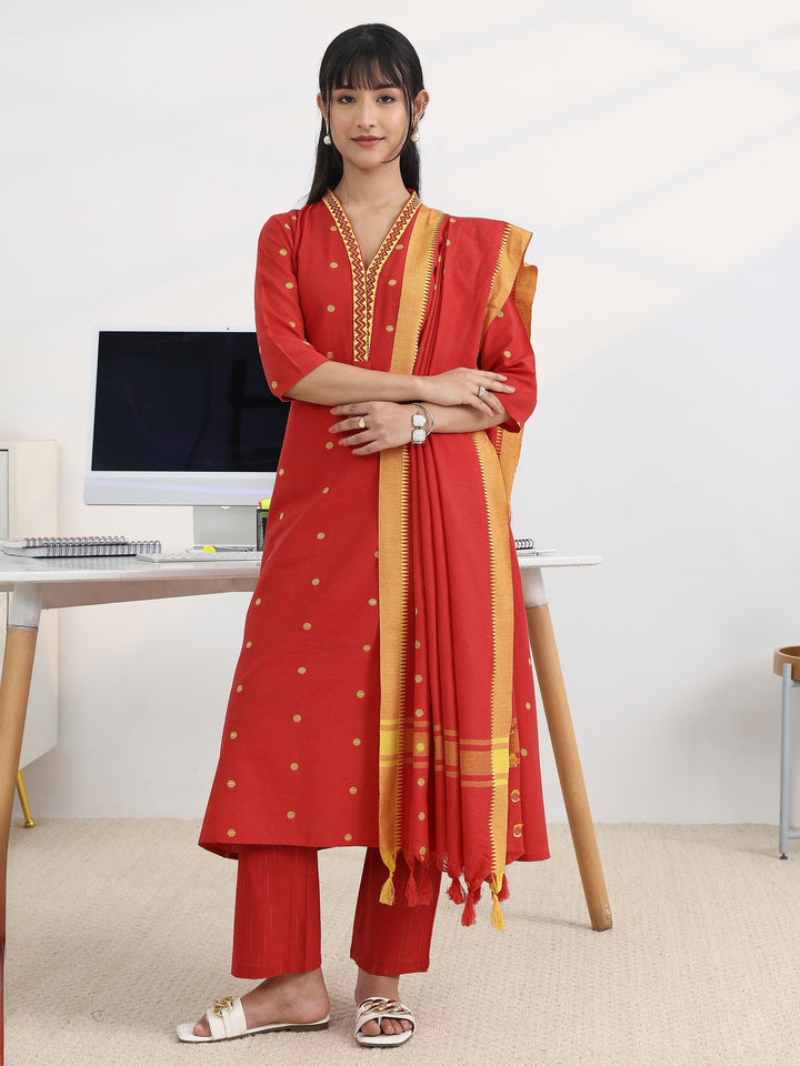 Red Woven Design Cotton Blend A-Line Suit Set With Dupatta