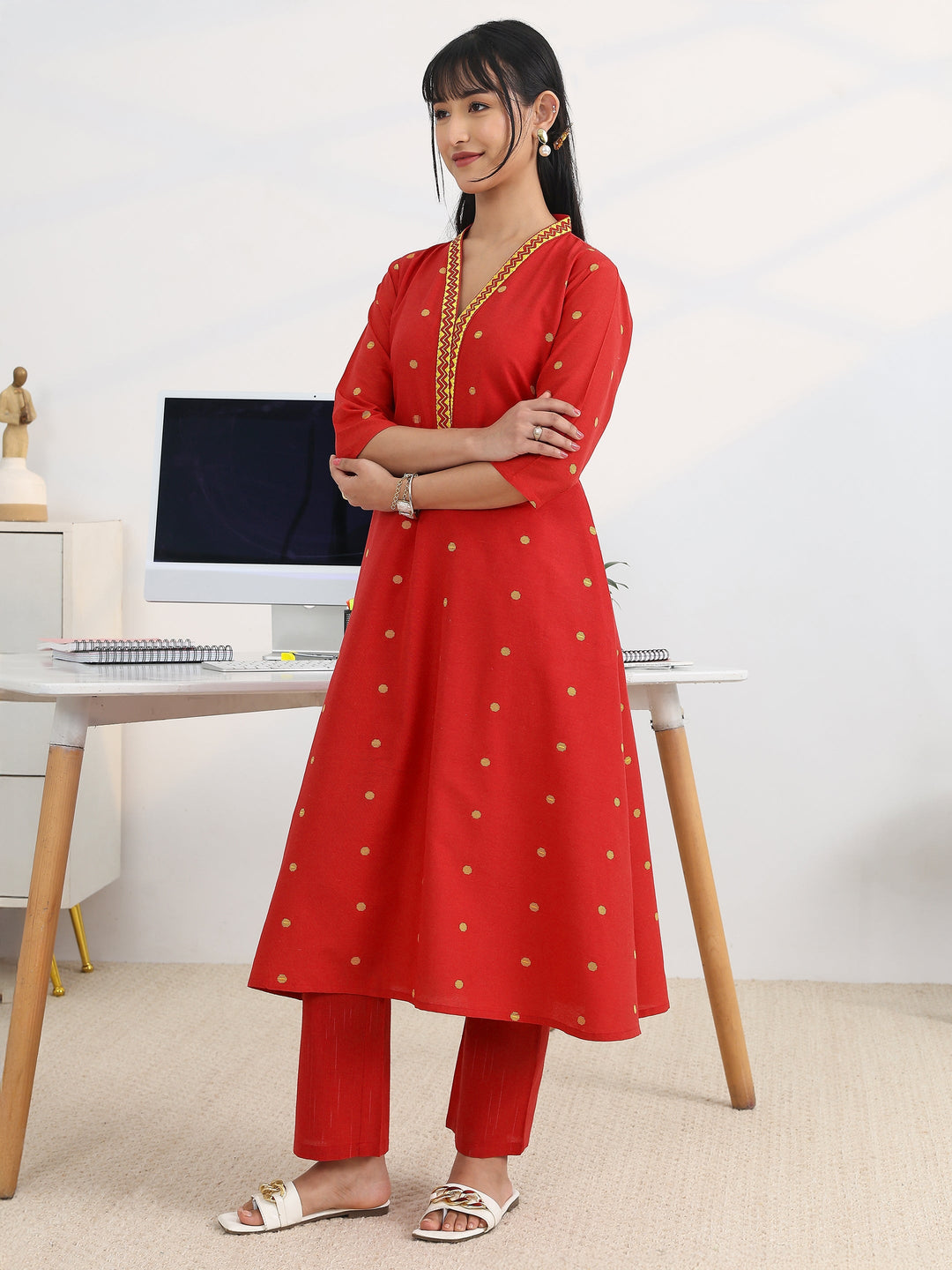 Red Woven Design Cotton Blend A-Line Suit Set With Dupatta