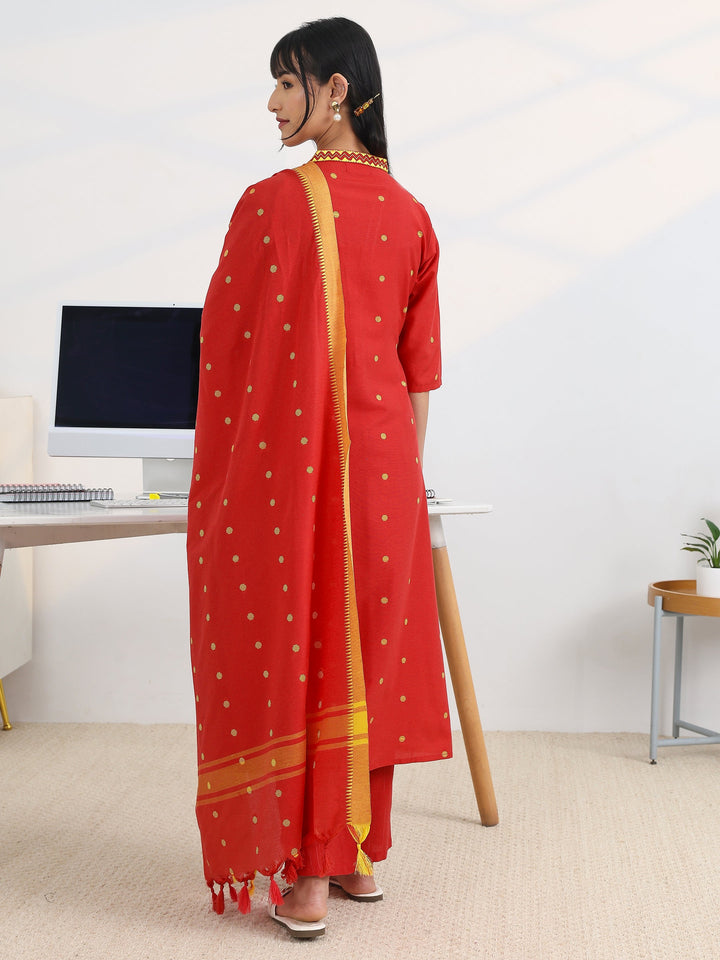 Red Woven Design Cotton Blend A-Line Suit Set With Dupatta