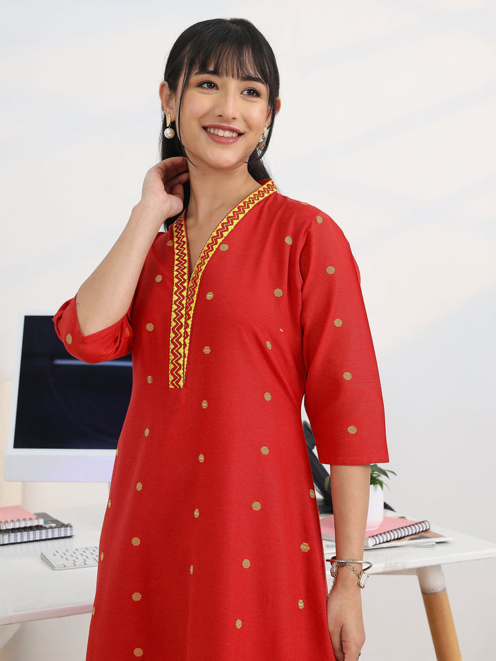 Red Woven Design Cotton Blend A-Line Suit Set With Dupatta