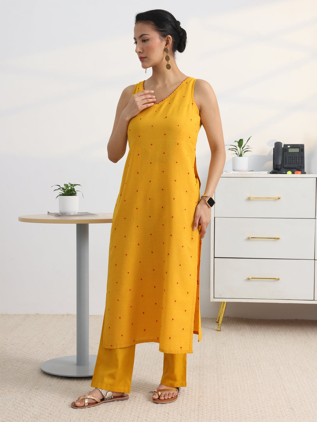 Yellow Woven Design Cotton Blend Straight Suit Set With Dupatta