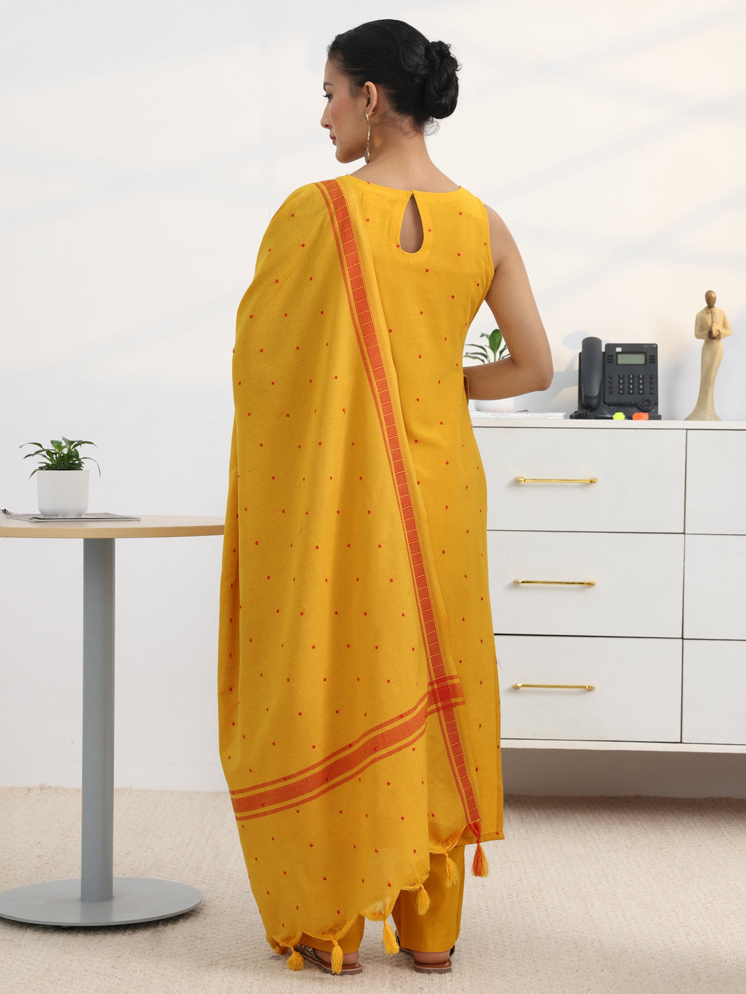 Yellow Woven Design Cotton Blend Straight Suit Set With Dupatta
