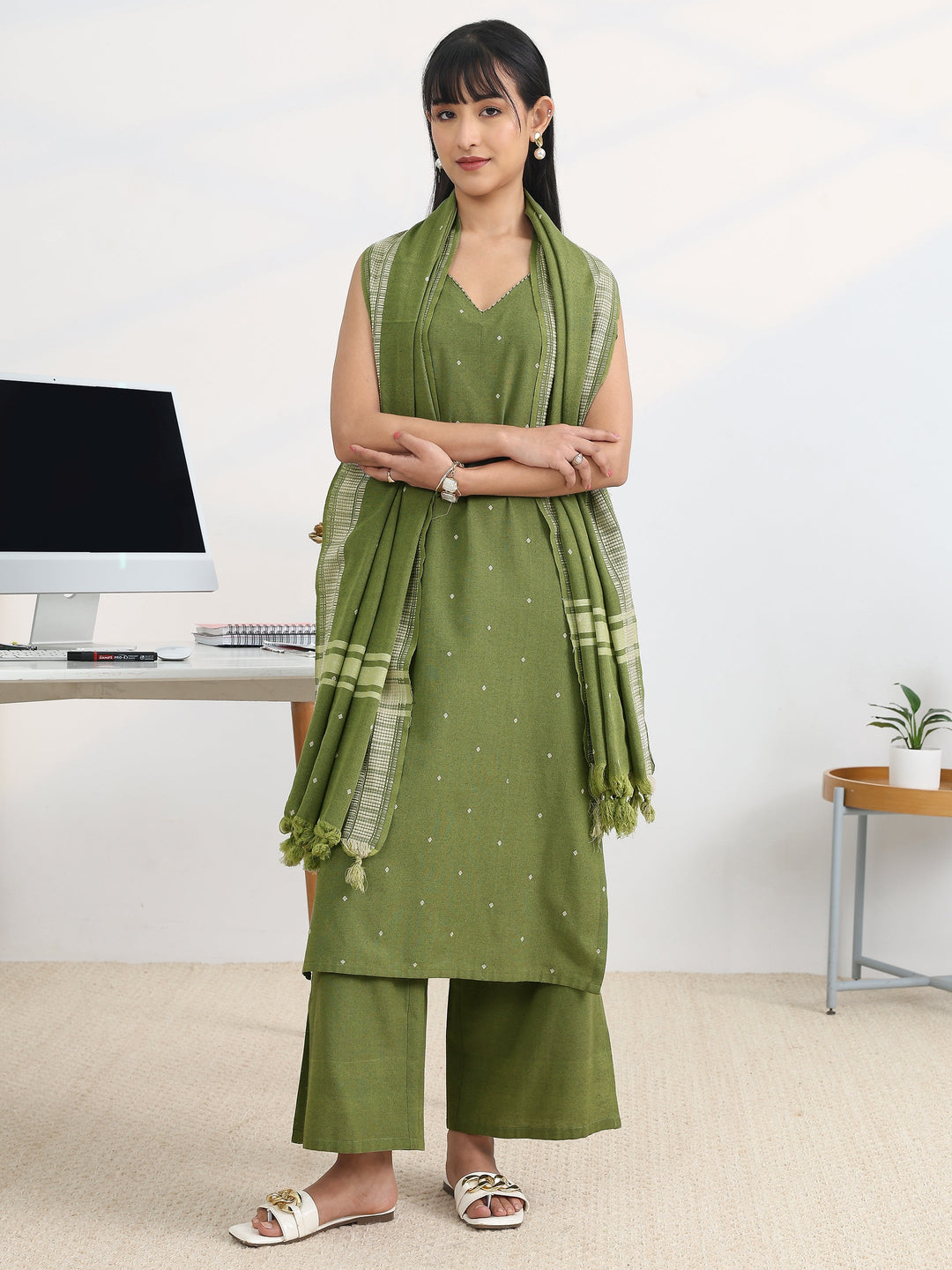 Olive Woven Design Cotton Blend Straight Suit Set With Dupatta