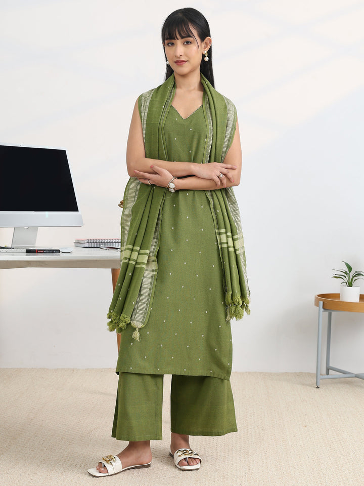 Olive Woven Design Cotton Blend Straight Suit Set With Dupatta