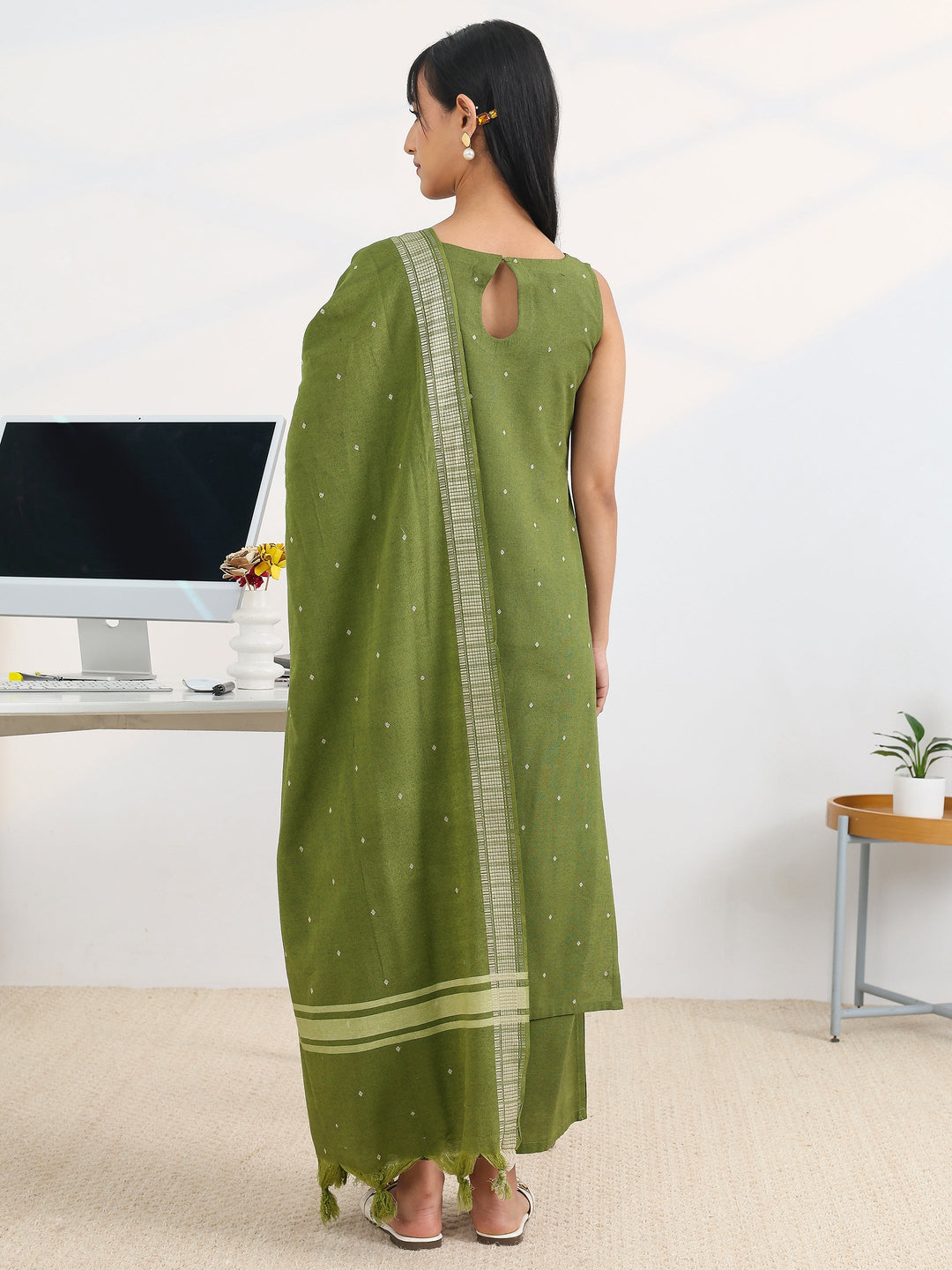 Olive Woven Design Cotton Blend Straight Suit Set With Dupatta