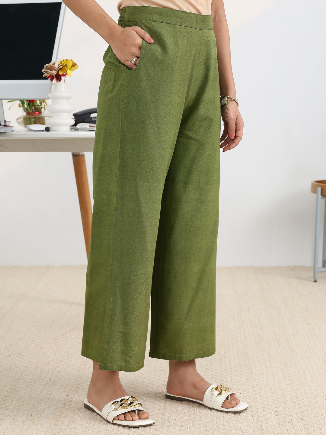 Olive Woven Design Cotton Blend Straight Suit Set With Dupatta