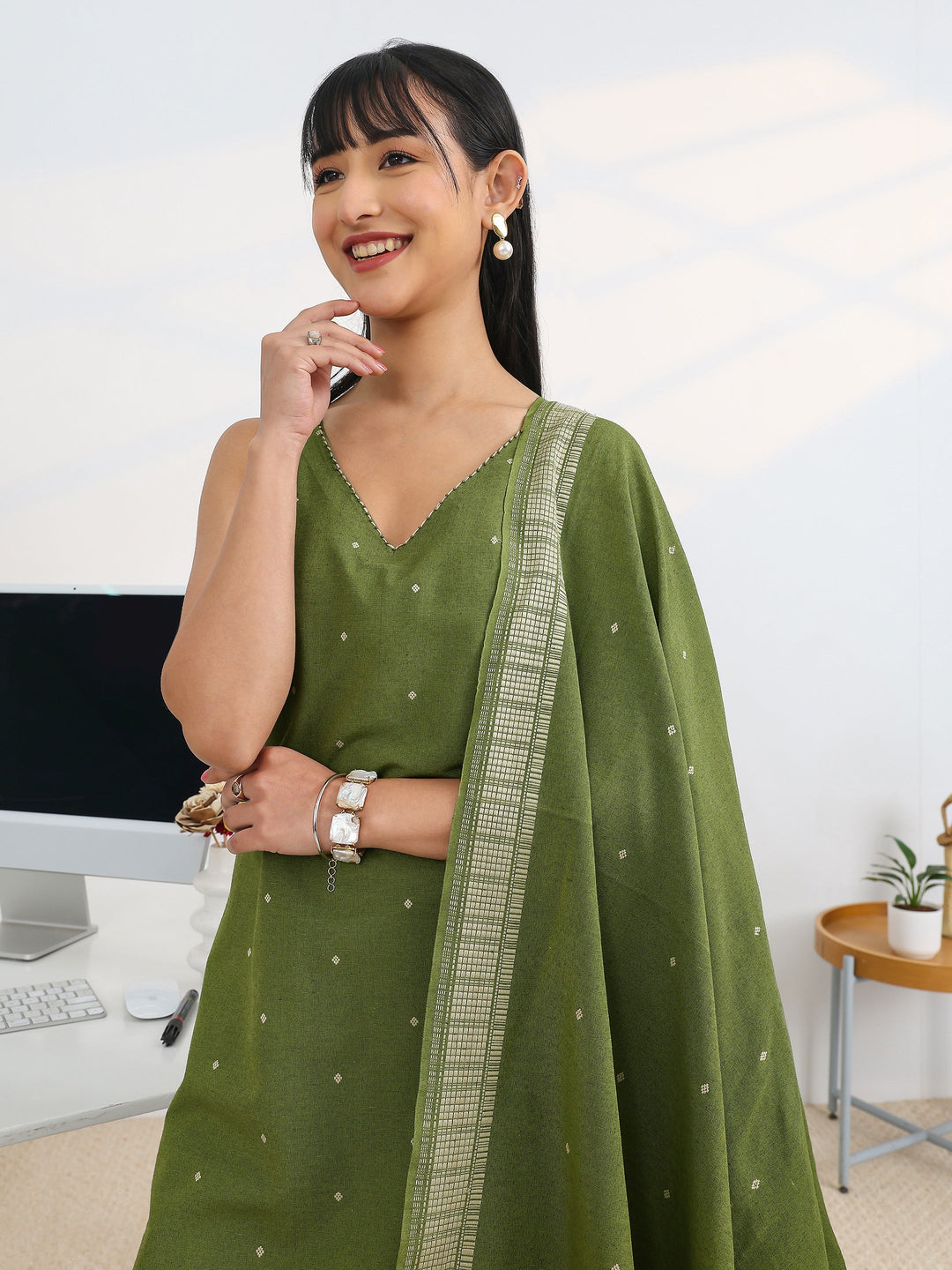 Olive Woven Design Cotton Blend Straight Suit Set With Dupatta