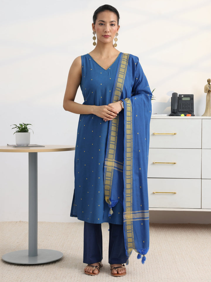 Gerua Cobalt Blue Cotton Blend Straight Suit Set