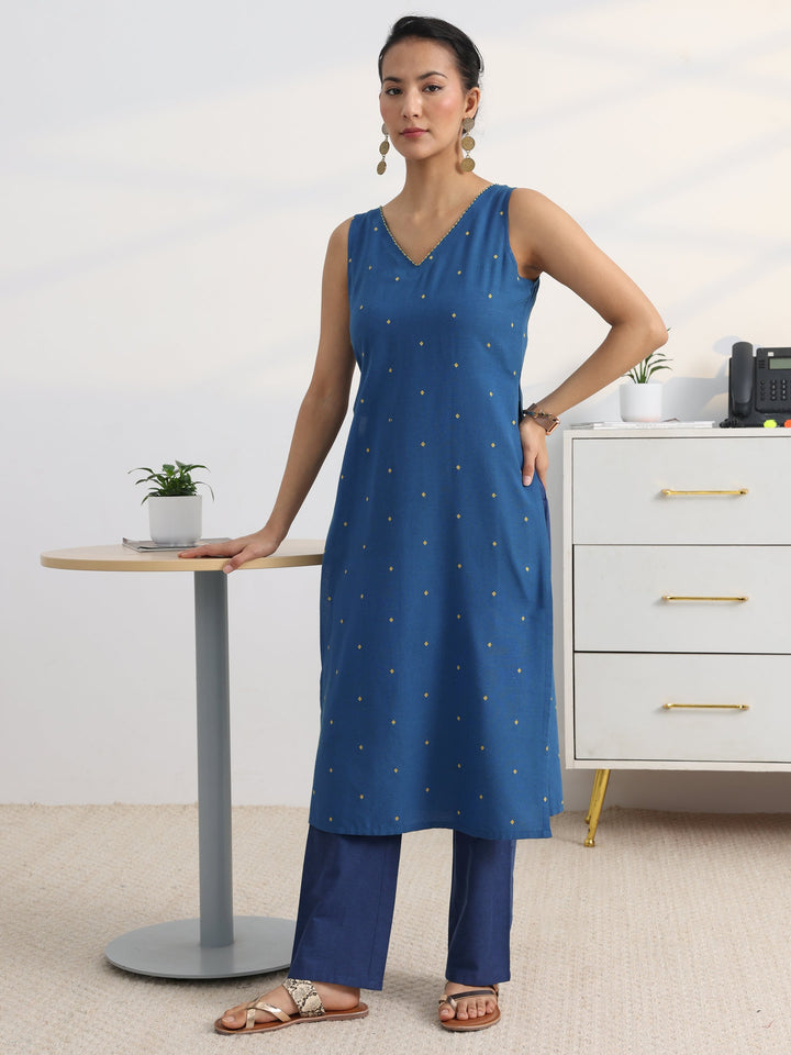 Gerua Cobalt Blue Cotton Blend Straight Suit Set