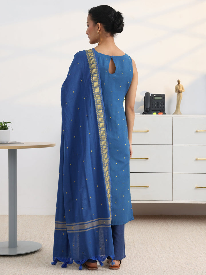 Gerua Cobalt Blue Cotton Blend Straight Suit Set