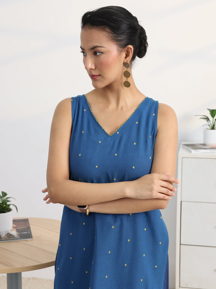 Gerua Cobalt Blue Cotton Blend Straight Suit Set