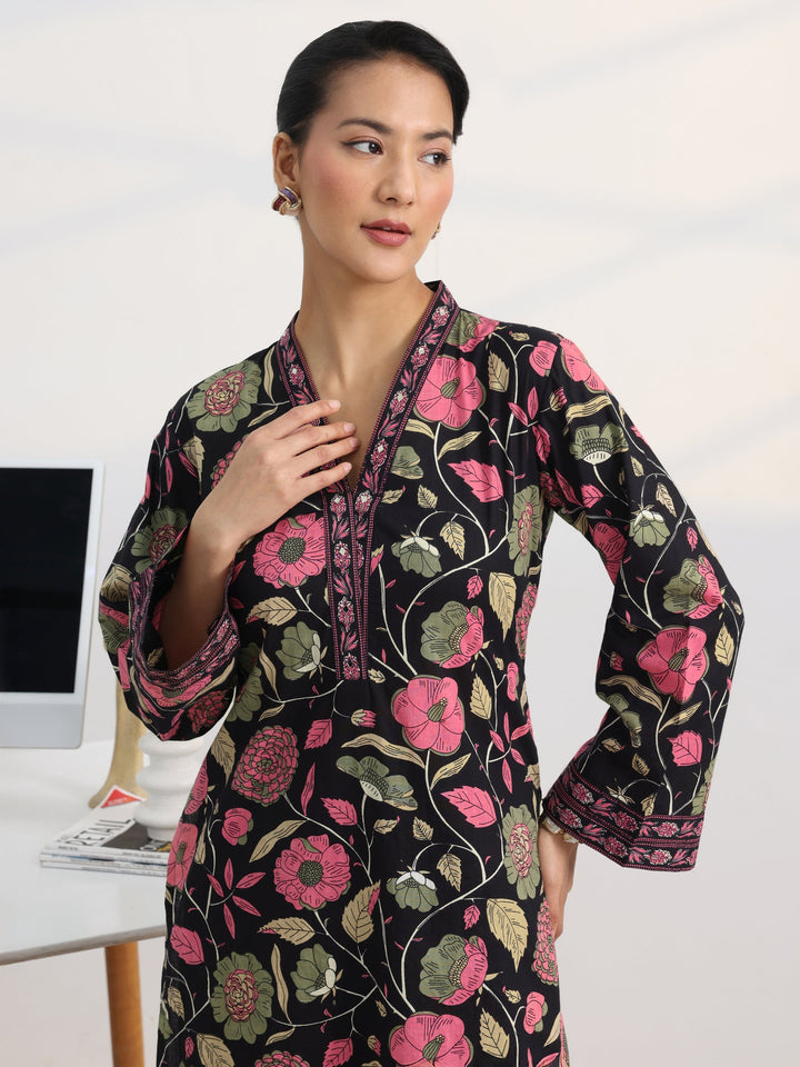 Black Floral Printed Cotton Blend Straight Kurta Set