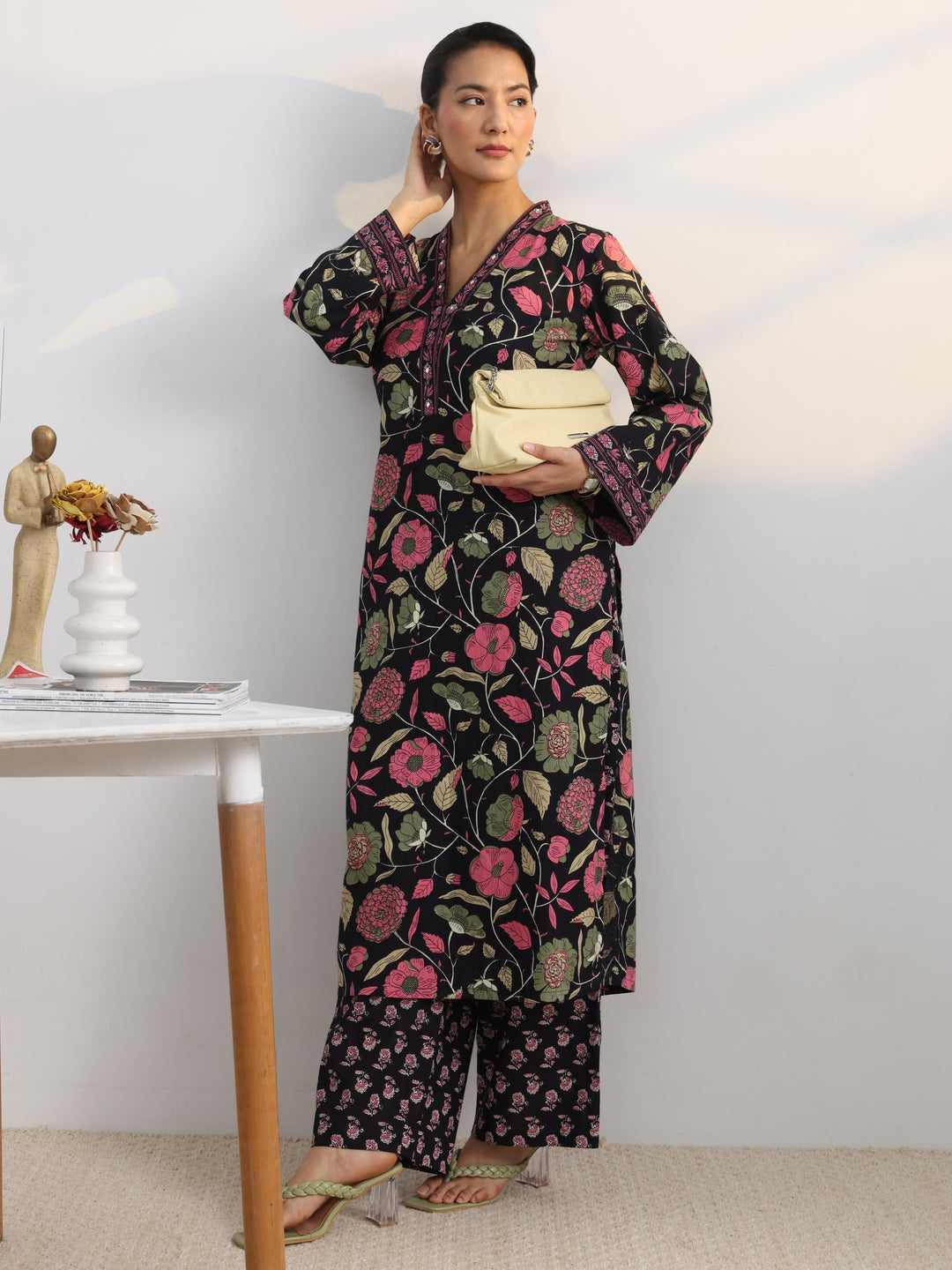 Black Floral Printed Cotton Blend Straight Kurta Set