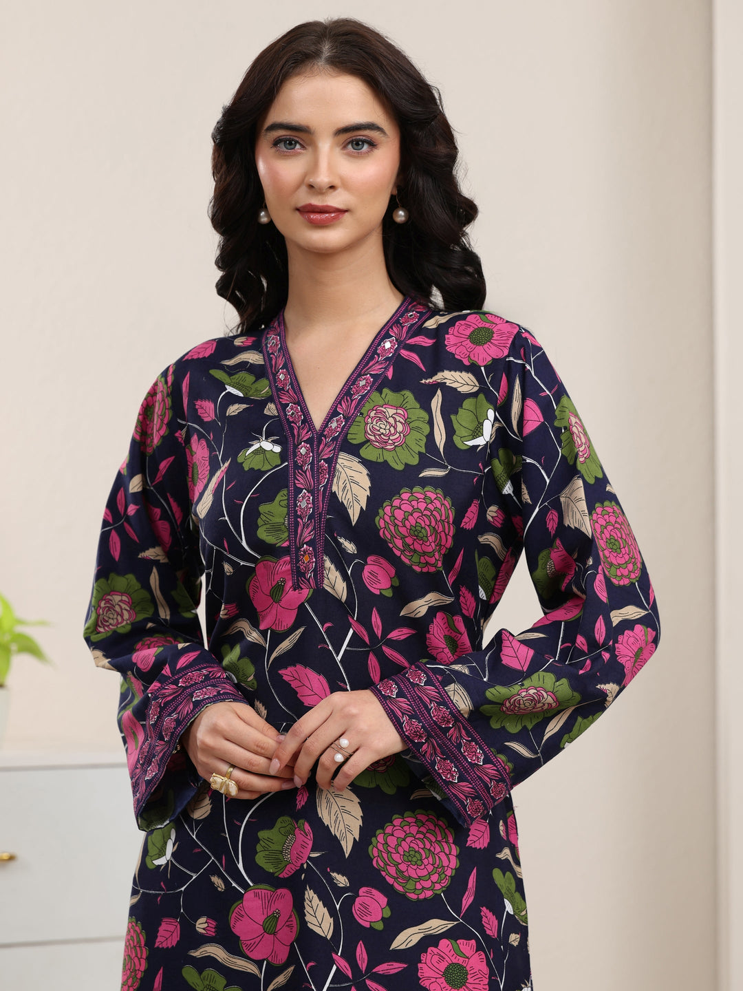 Gerua Navy Blue Floral Printed Cotton Blend Straight Kurta Set