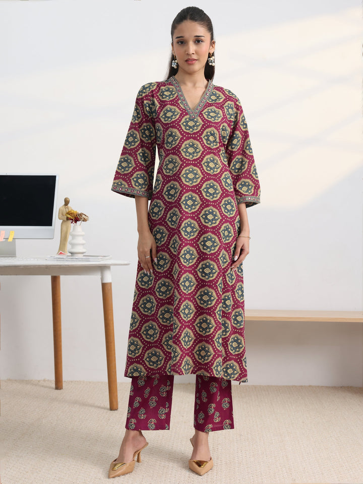 Burgundy Floral Printed Cotton Blend A-Line Kurta Set