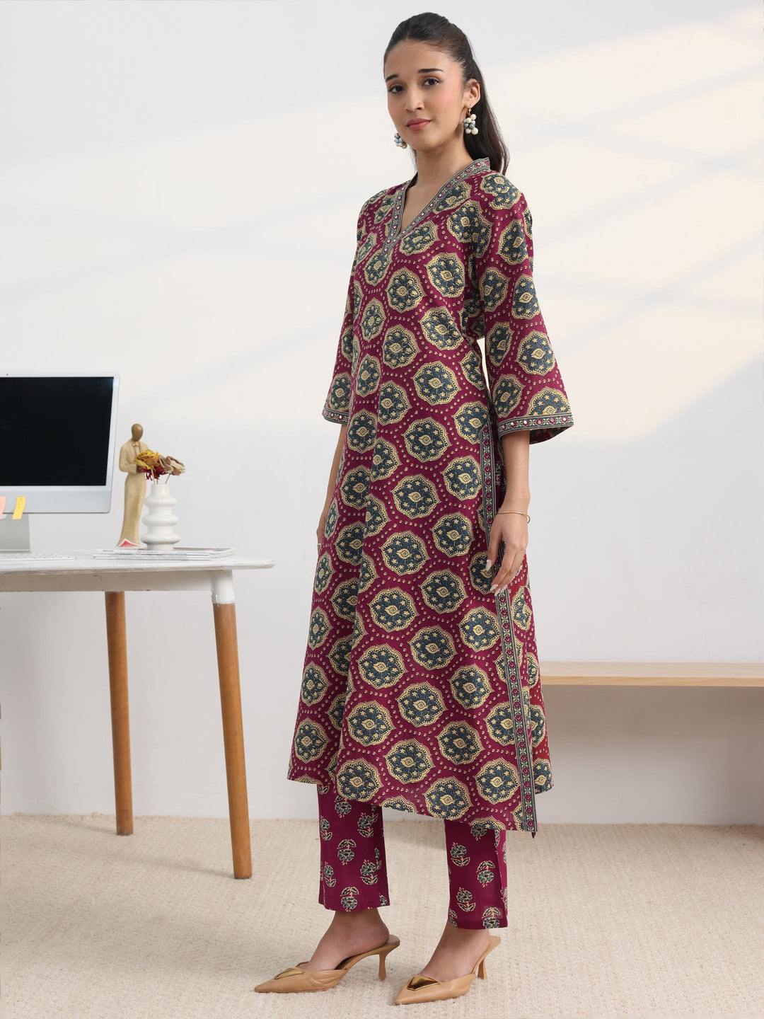 Burgundy Floral Printed Cotton Blend A-Line Kurta Set
