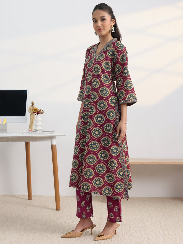 Burgundy Floral Printed Cotton Blend A-Line Kurta Set