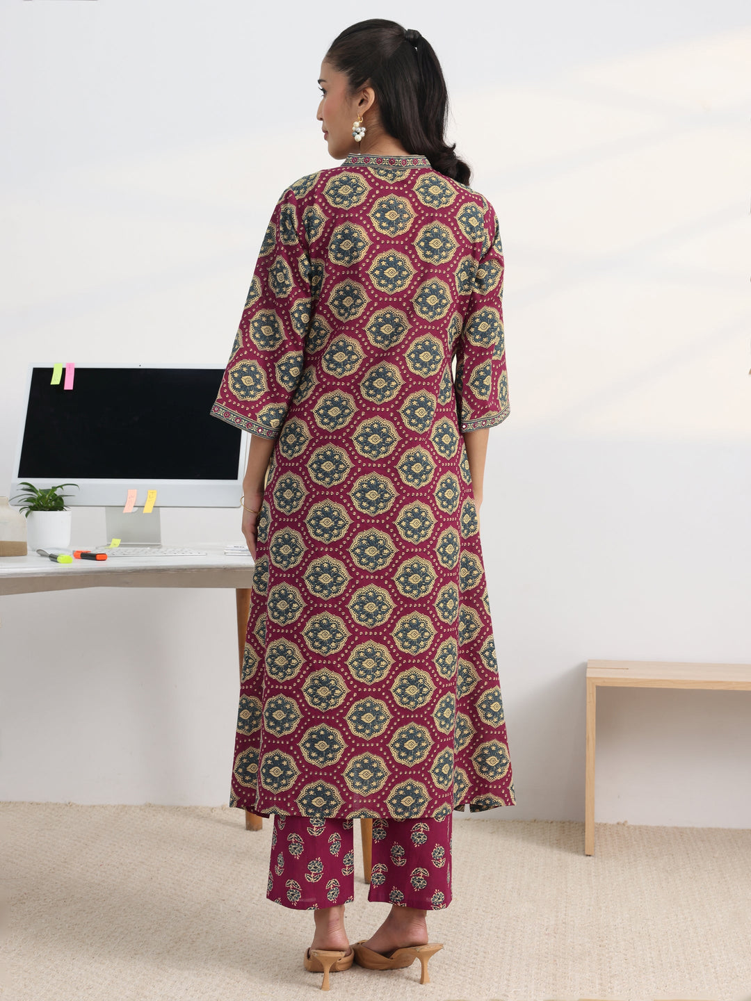 Burgundy Floral Printed Cotton Blend A-Line Kurta Set