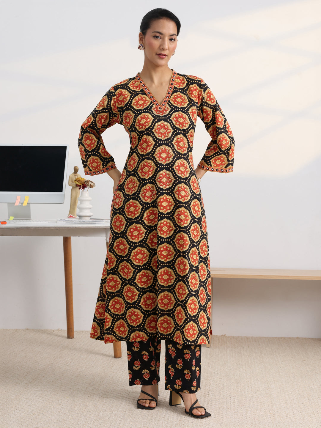 Black Floral Printed Cotton Blend A-Line Kurta Set