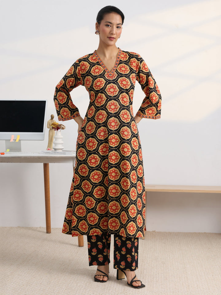 Black Floral Printed Cotton Blend A-Line Kurta Set