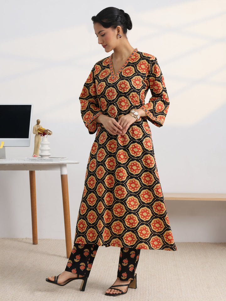 Black Floral Printed Cotton Blend A-Line Kurta Set