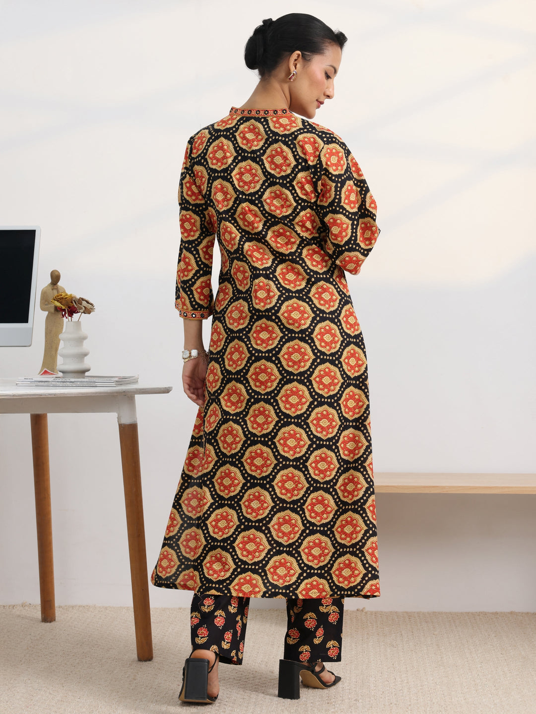 Black Floral Printed Cotton Blend A-Line Kurta Set